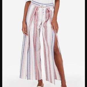 Express High Waisted Striped Linen Blend Split Leg Lined Pant Size M Wide Leg U4